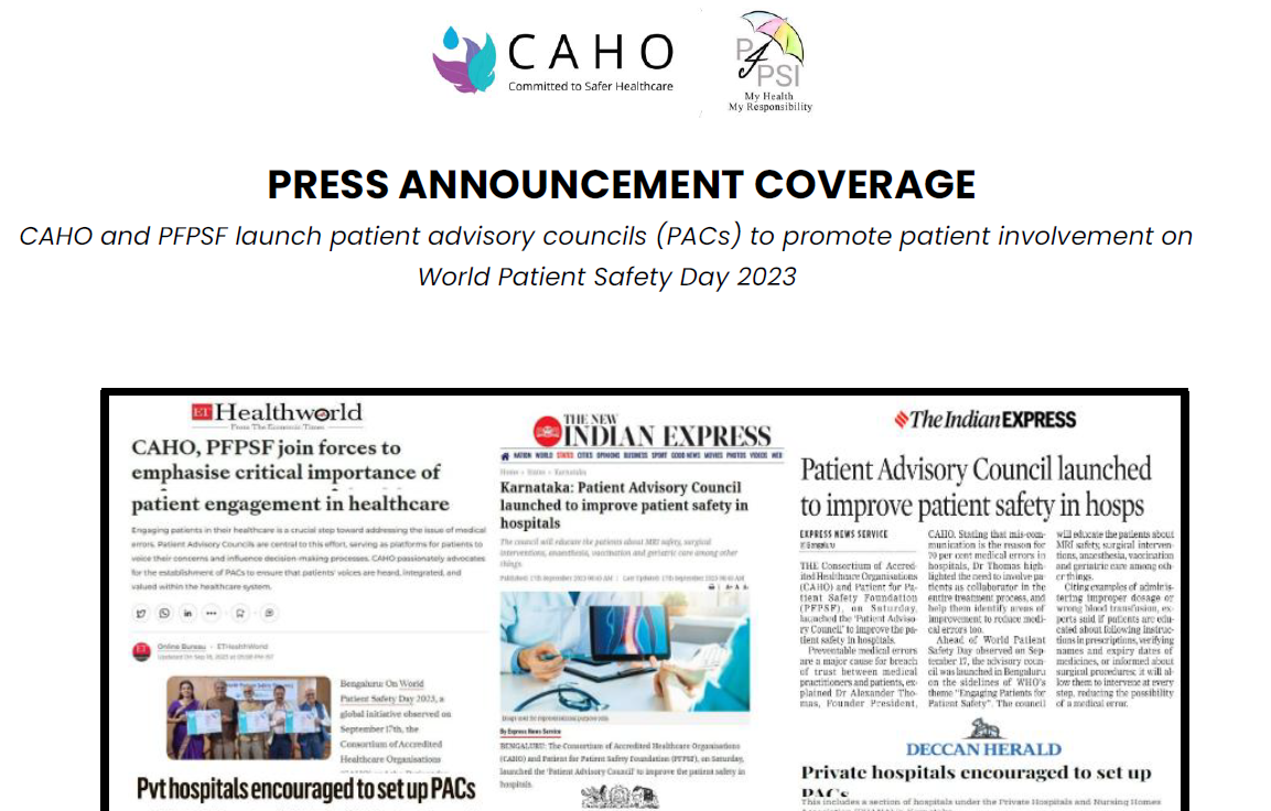 CAHO- PATIENT ADVISORY COUNCIL INITIATIVE - PRESS ANNOUNCEMENT COVERAGE